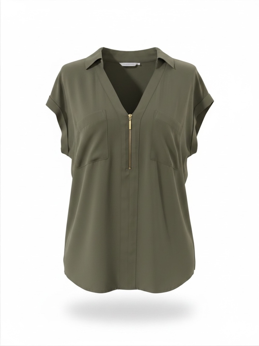 Express Olive Green Semi Sheer Zip V-Neck Women’s Blouse Large